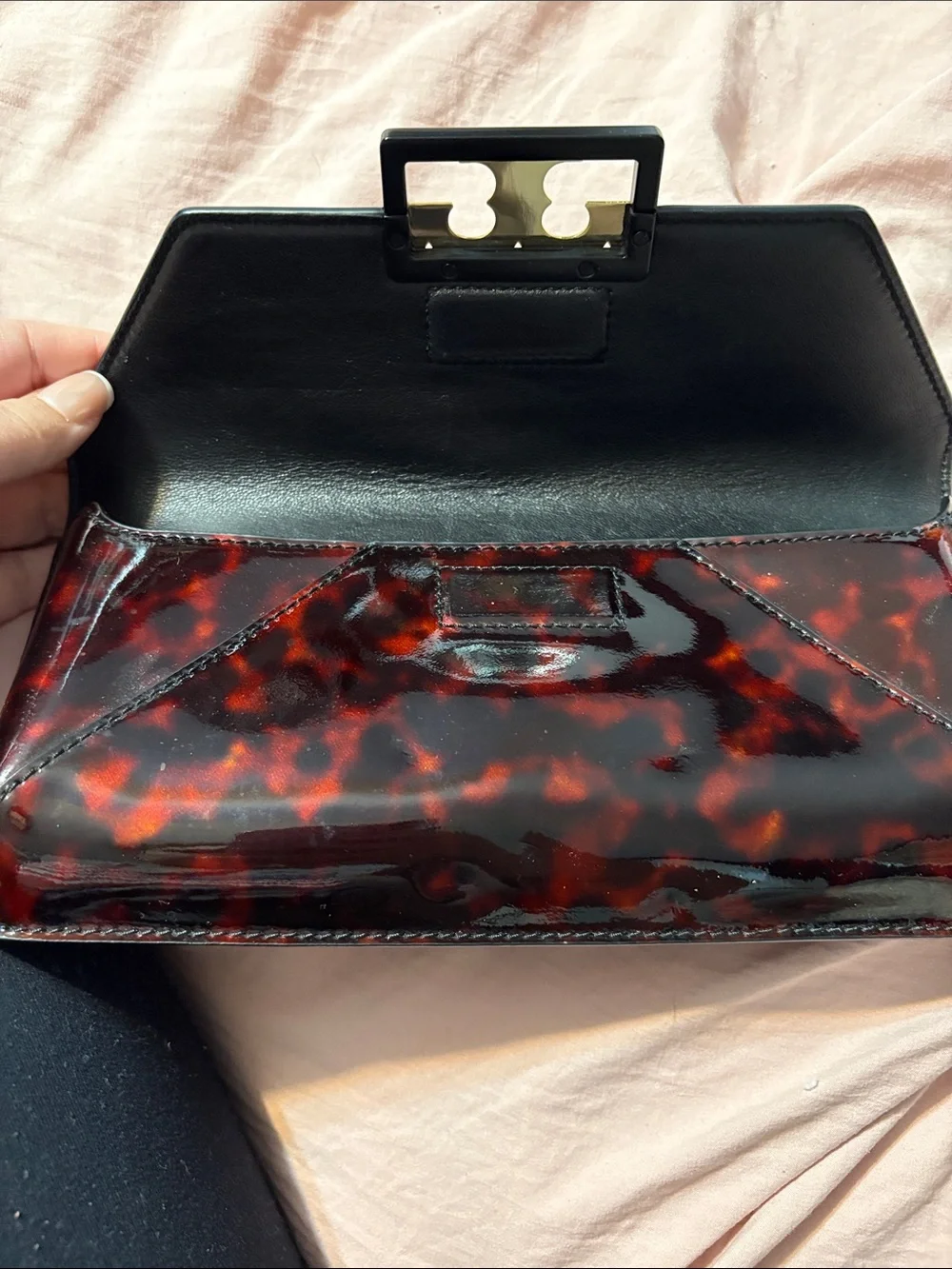 Tory Burch Tortoiseshell Patent Envelope Clutch in Brown and Black